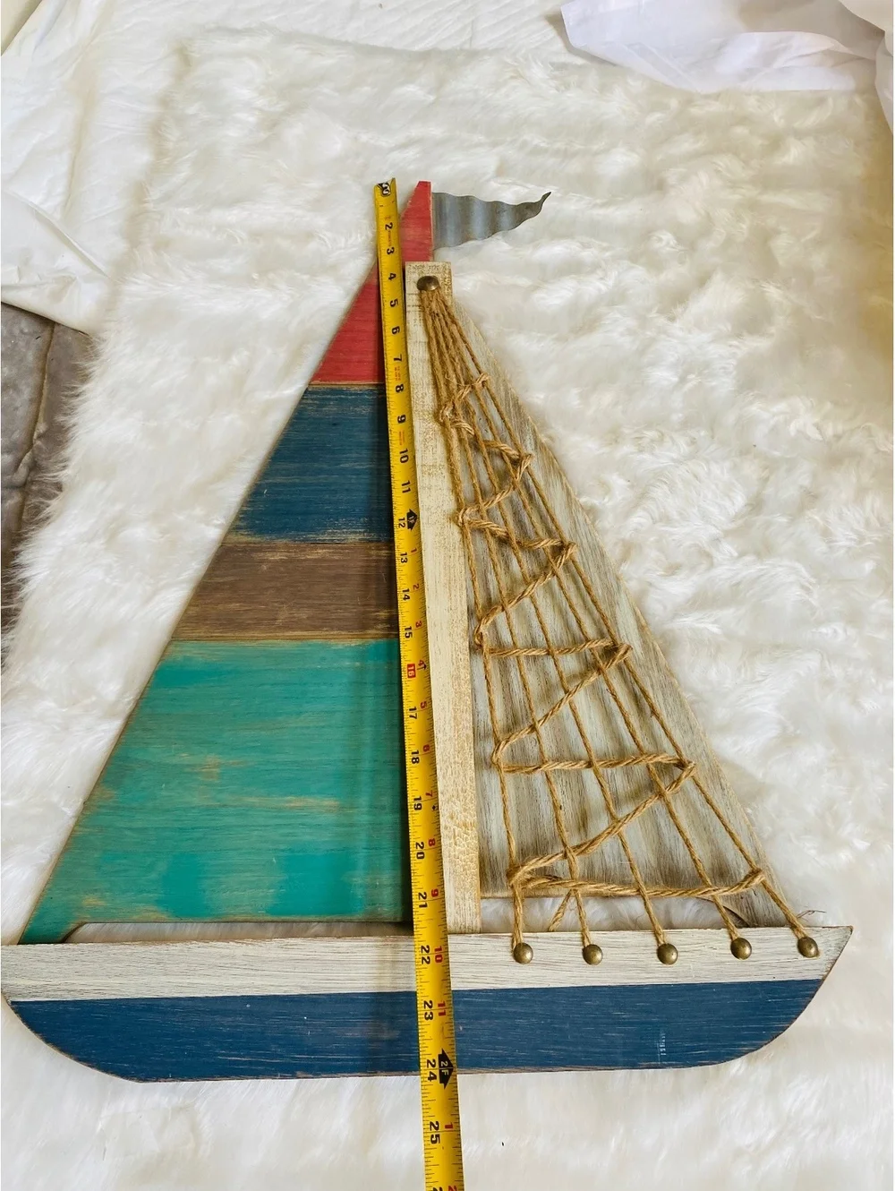 Decorative Wooden Sailboat Wall Hanging with Rope Netting